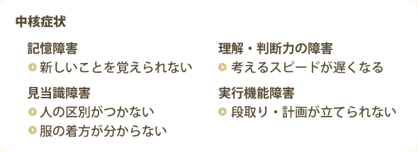 認知症の中核症状：記憶障害（新しいことを覚えられない）、理解・判断力の障害（考えるスピードが遅くなる）、見当識障害（人の区別がつかない、服の着方がわからない）、実行機能障害（段取り・計画が立てられない）